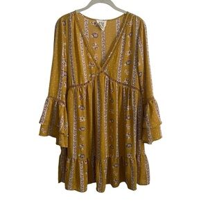 618 Boho Chic Dress floral on golden mustard background size small EUC